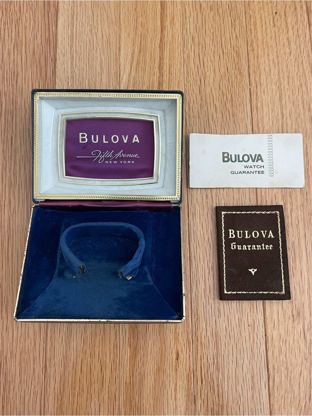Bulova-Vintage Navy Gold Watch Box Two Original Charming Guarantee Documents